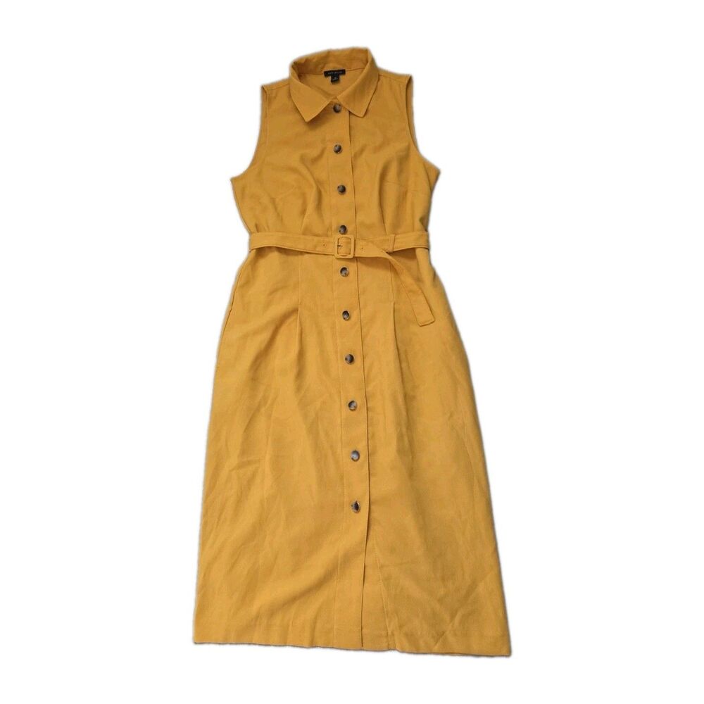 Ann Taylor Mustard Yellow Sleeveless Belted Button Front Midi Shirt Dress 0P EUC - Picture 2 of 11